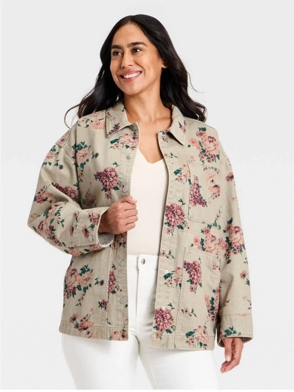 Universal Thread Western Beige Floral Button-Up Denim Oversized Jacket Sz L NWT